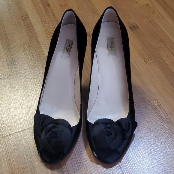 Prada Shoes - Prada black satin rose bud heels